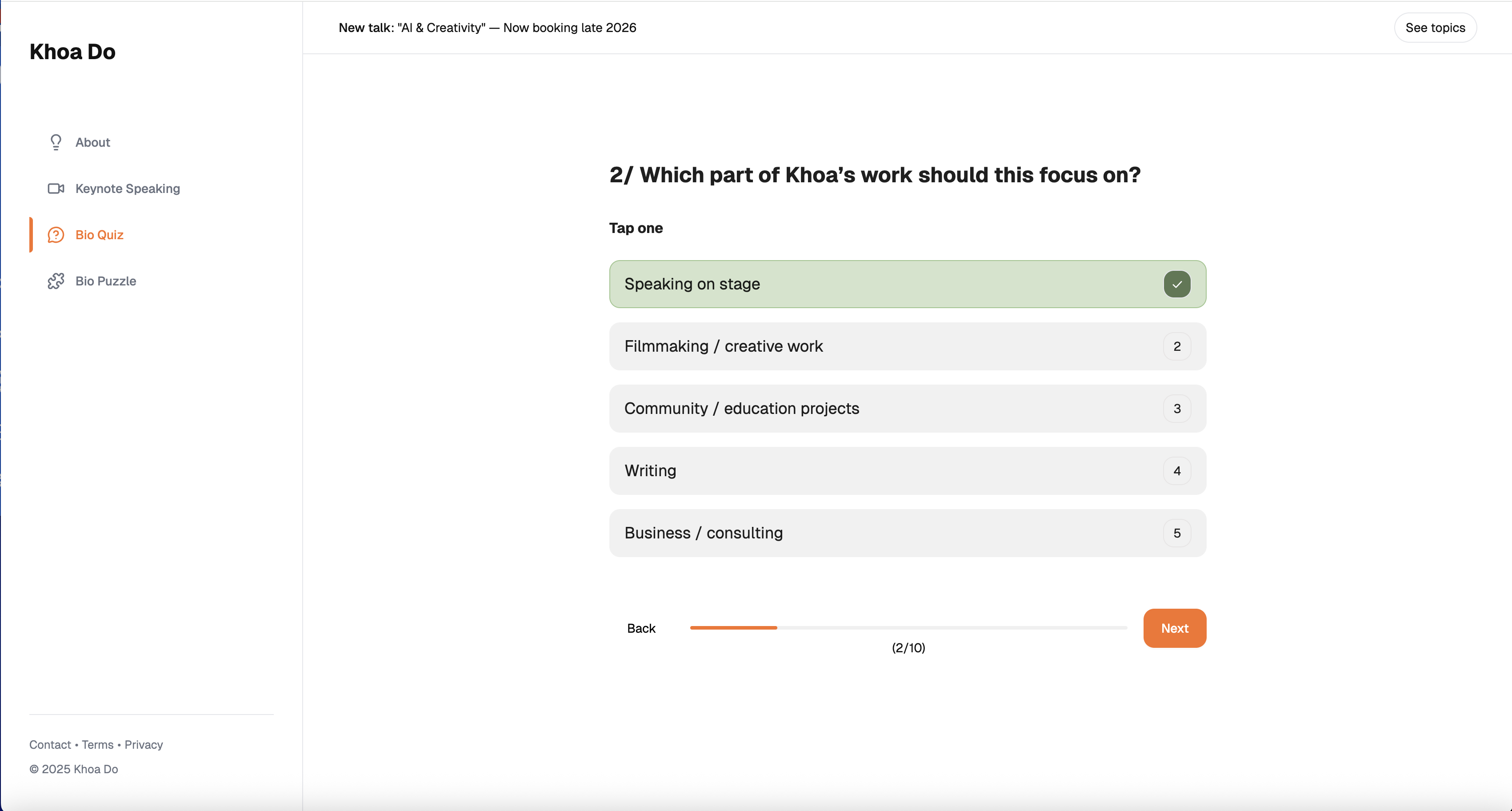Quiz generating a personalised bio